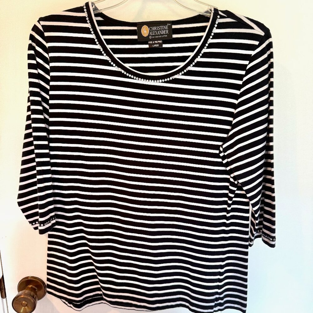 Christine Alexander Black & White Stripe Top w/ Swarovski Crystals – Size L – NW